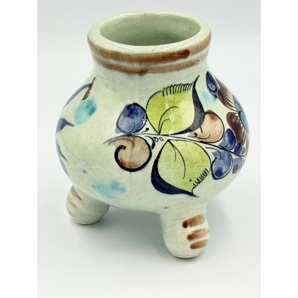 Vintage Mexican Folk Art Tonala Pottery Tripod Vase Decor